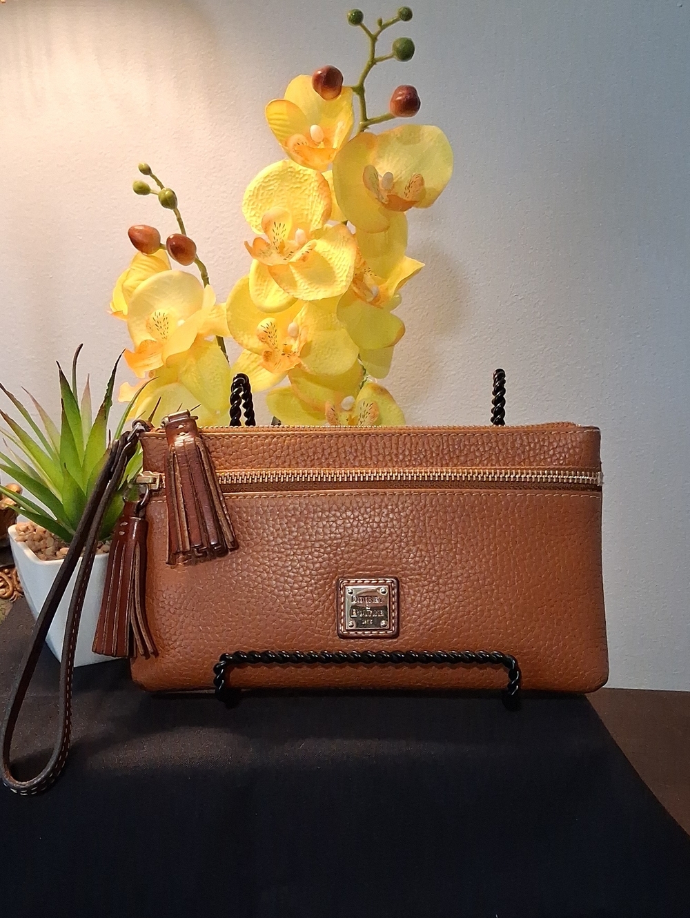 Dooney & Bourke Tan Pebbled Leather Wristlet with Tassel